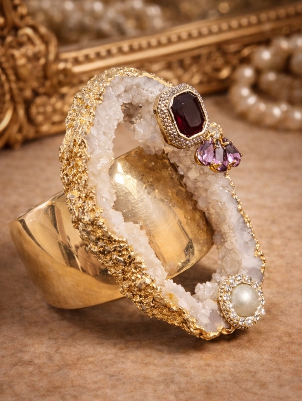 PARK LANE 80s Massive Statement Cuff Bracelet Druzy Agate Gold Tone Crystal